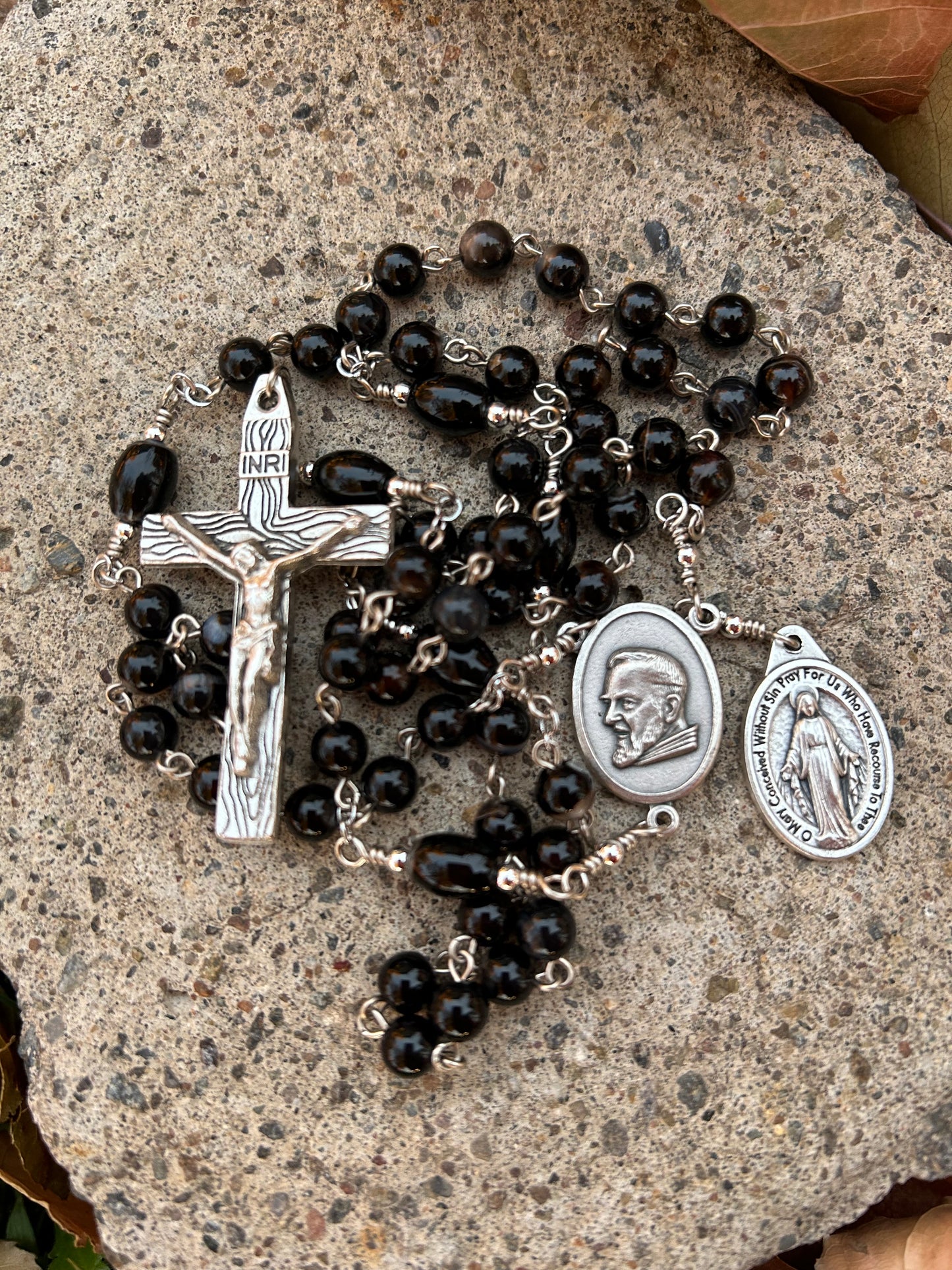 St. Padre Pio with Miraculous Medal Rosary, 6mm, Nickel Silver