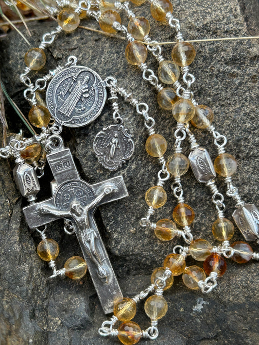 St. Benedict with Miraculous Medal Rosary, 6mm, Sterling Silver